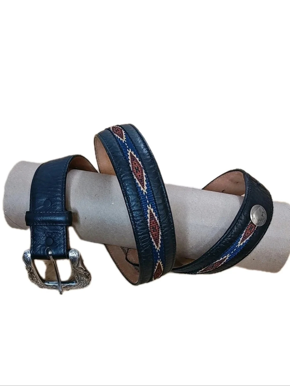 Justin Top Grain Black Leather Aztec Needlepoint Western Belt 40/44 Buffalo Coin